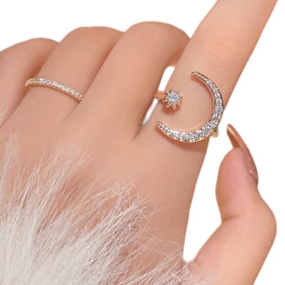 Celestial Crescent Moon Star Silver Tone Crystal Adjustable Ring NWT - Picture 4 of 13